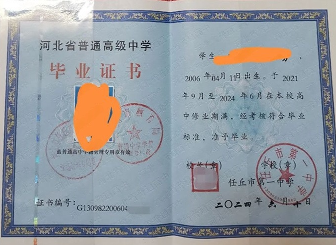 五华任丘市第一中学高中毕业证样本图片